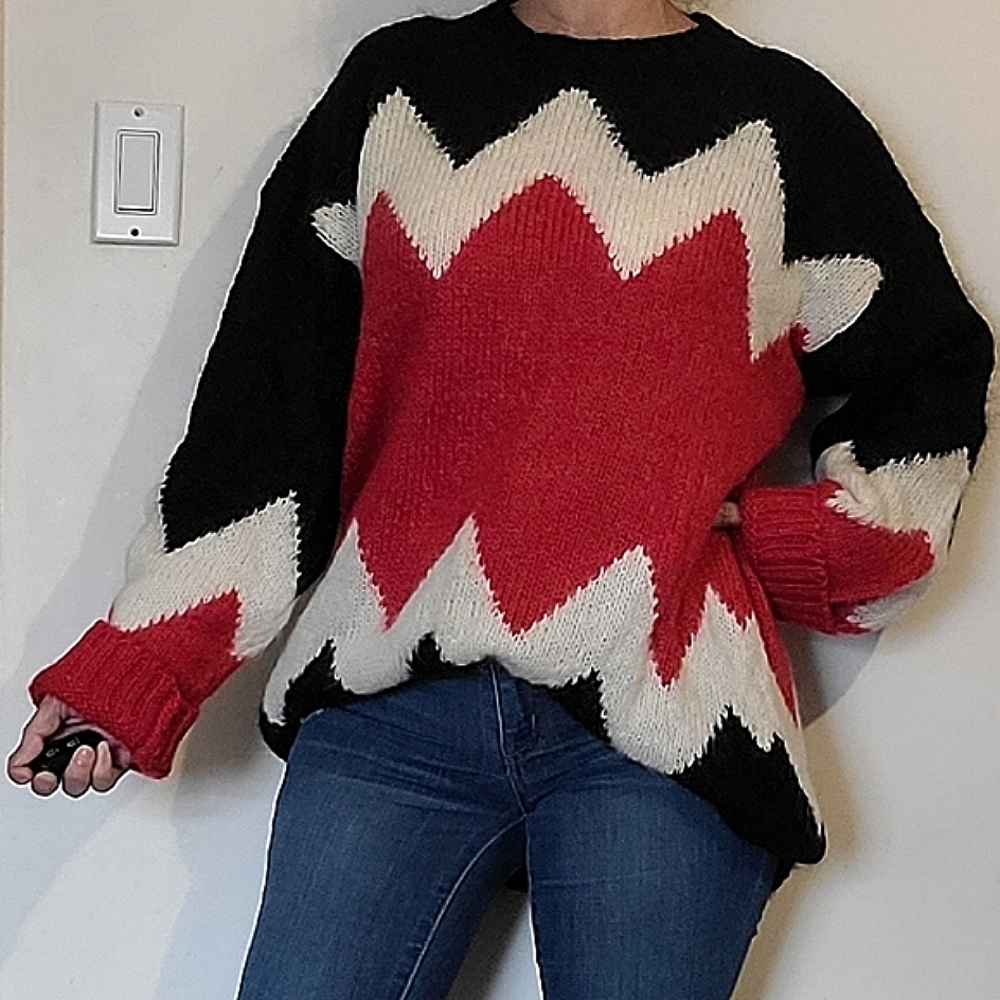 JRT Zig Zag Color Block Unisex long oversized Mohair Blend Sweater long-sleeve